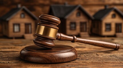A detailed wooden gavel sitting on a wooden table with a house in the background