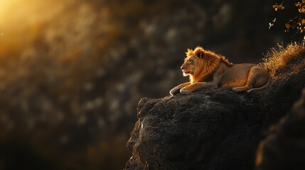 Fototapeta premium Majestic lion resting on rocky ledge during sunset in a tranquil environment
