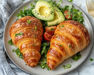 Croissants, avocado, salad breakfast