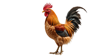 Fototapeta premium A majestic rooster, vibrant plumage bursting with warm golds and deep blues, stands proudly against a stark black background showcasing exquisite detail.