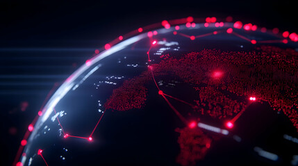 A futuristic view of the Earth with glowing red network connections, symbolizing global connectivity and digital communication in the modern technological landscape.