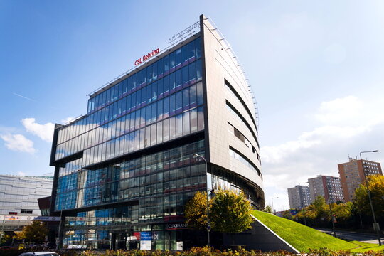 PRAGUE, CZECH REPUBLIC - OCTOBER 14 2017: CSL Behring biopharmaceutical company logo on headquarters building on October 14, 2017 in Prague, Czech Republic.
