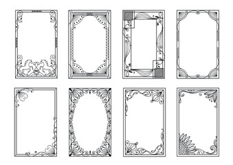 Art deco decorative linear frames. Vintage card botanical border. Ornament element. Elegant luxury patterned fringing. Rectangular framework. Filigree line flourish. Splendid vector set