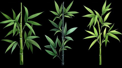 Naklejka premium Three Varieties of Bamboo Stalks with Green Leaves on a Dark Background for Natural Illustrations