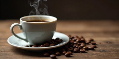 Fototapeta premium Aromatic Steam Rising from a Cup of Coffee Resting on a Saucer Adorned with Roasted Coffee Beans on a Rustic Wooden Surface