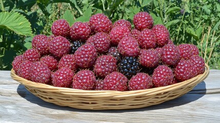 Traditional woven basket filled with freshly gathered raspberries from the garden
