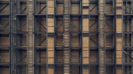 Obraz premium Flat lay of scaffolding elements such as metal planks, braces, and support structures, forming an urban aesthetic.