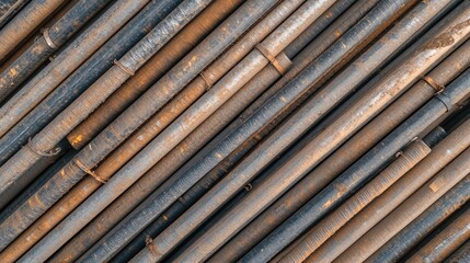 Flat lay of scaffolding pipes arranged in parallel with safety connectors.