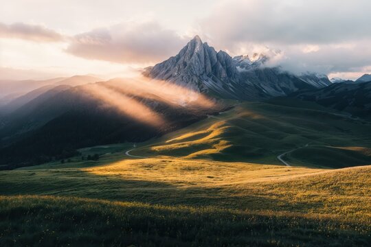 Alpine Mountain Landscape With Sun Rays Over Green Valley