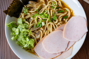 Asahikawa ramen in traditional bowl close up