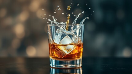 Whiskey Rocks Glass Splashing Ice Cubes Action Shot