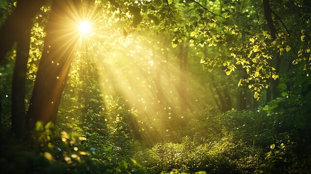 A lush, green forest with rays of sunlight filtering through the trees, creating an enchanting and serene atmosphere.