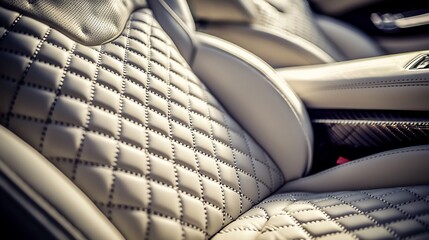 Close-up of luxurious, diamond-stitched leather car seat.