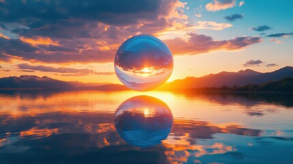 Reflective Sphere at Sunset Over Calm Lake with Mountain Background