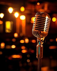 Retro microphone on stage, music club, concert lights