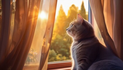 창가에 앉아 있는 회색 고양이