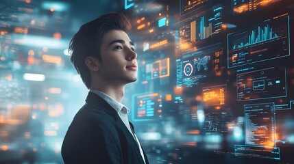 Confident young entrepreneur in futuristic high tech office surrounded by AI powered business dashboards and data analytics