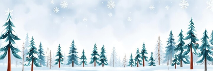 Obraz premium Watercolor Christmas woodland scene with snowflakes, fir trees, and cute forest animals illustration for nursery decor, baby shower design, kids wall art, watercolor, winter scene, snowflakes