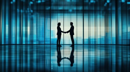 Two silhouetted business professionals shaking hands in a modern office with city skyline backdrop