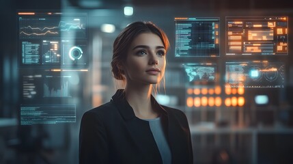 Confident Entrepreneur in Futuristic Tech Office with AI Powered Business Analytics