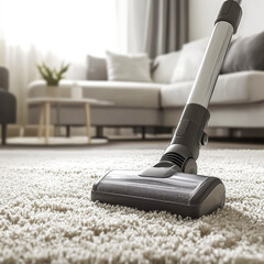 Modern hoover in action on plush light coloured carpet in light, clean interior.  The concept of home care, hygiene and freshness in the living space