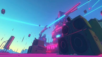 Synthwave Landscape Digital Art Neon Pink Blue Sky
