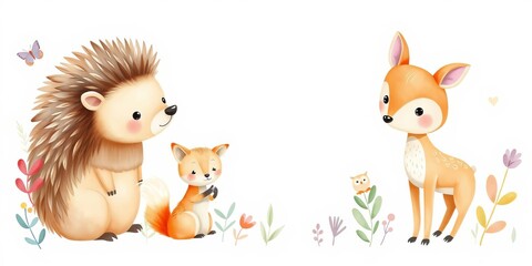 Obraz premium Watercolor forest animals elements featuring adorable deer, fox, squirrel, hedgehog, owl, bear, and hare in a whimsical and colorful design, hedgehog, hare, forest animals