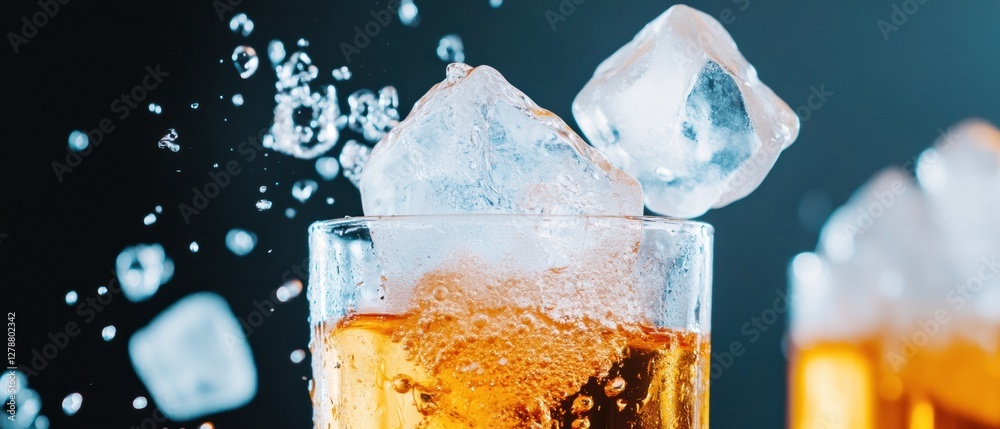 Aufkleber Dynamic Beverage Splash High-Resolution Ice Cube and Sparkling Soda in Glass - Innovative Drink for Modern Branding and Refreshment Marketing