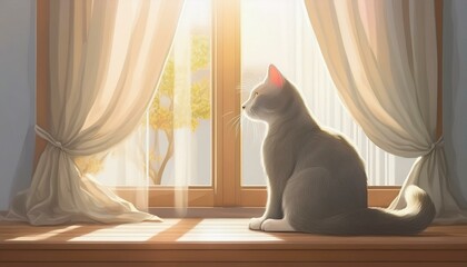 창가에 앉아 있는 회색 고양이