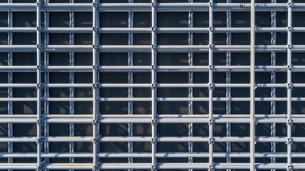 Top-down view of a grid-like arrangement of metal scaffolding pipes with shadows.