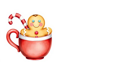 Watercolor illustration of a festive hot cocoa mug with sugar gingerbread cookie, whipped cream, candy cane, and cinnamon stick, isolated on white background, gingerbread cookie, red cup, candy cane