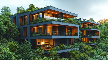 Modern eco-friendly apartments surrounded by lush greenery at twilight, showcasing sustainable living