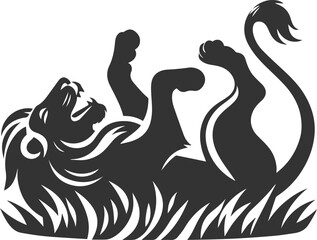 A lion rolling on the grass with joy vector silhouette