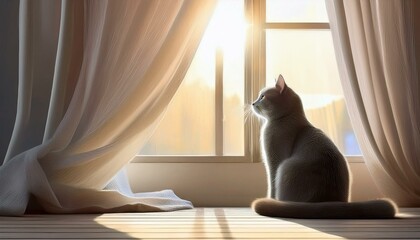 창가에 앉아 있는 회색 고양이