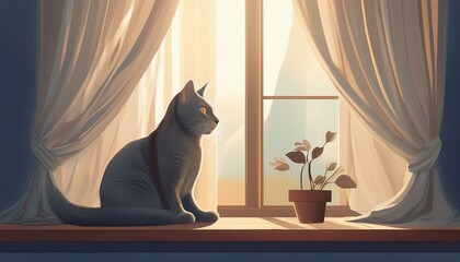 창가에 앉아 있는 회색 고양이