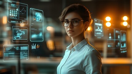 Confident Young Entrepreneur Surrounded by Futuristic AI Powered Business Dashboards in High Tech Office