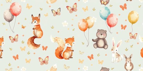 Watercolor woodland nursery pattern with cute baby animals fox butterfly rabbit bear squirrel balloons illustration for textile fabric wallpaper, squirrel, bear, wallpaper