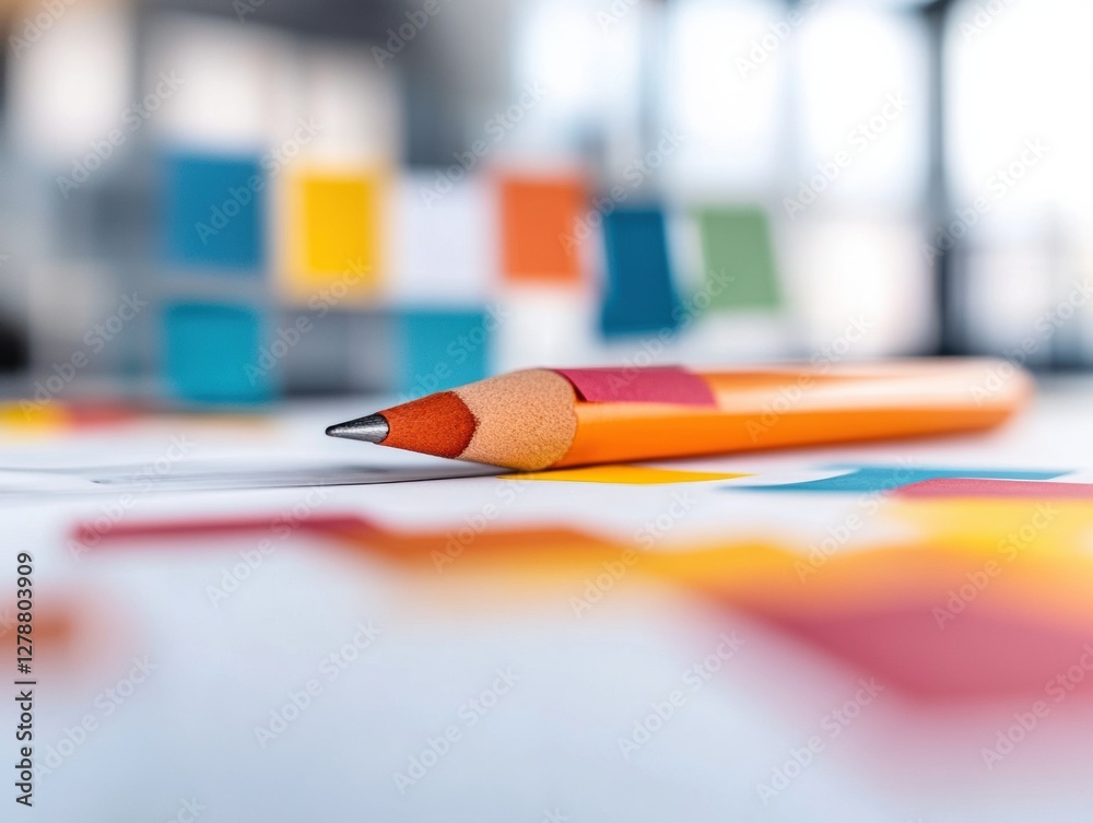 Aufkleber vibrant minimalist workspace dynamic pencil focused amidst multicolored notes on desk creative conte