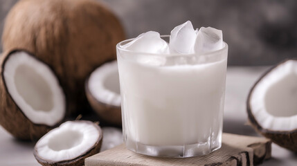 A glass of chilled coconut milk with ice cubes, surrounded by fresh halved coconuts on a rustic wooden surface, creating a tropical and refreshing vibe