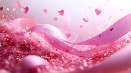 Pink ribbon, hearts, glitter, swirl, background, Valentine's