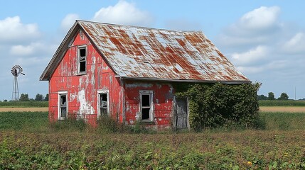 Obraz premium A dilapidated red house with a rusty roof sits in a field under a cloudy blue sky
