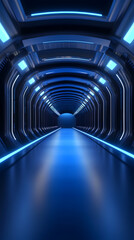 A futuristic tunnel with glowing blue lights and sleek metallic walls. The hallway creates a mesmerizing ambiance, ideal for themes of technology and innovation.