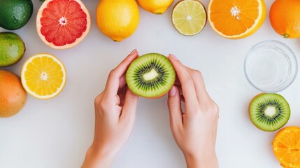 Minimalist Kiwi and Citrus Slice on Modern Kitchen Surface - Healthy Lifestyle Imagery for Nutrition Brands and Immune-Boosting Digital Campaigns