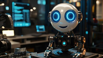 A futuristic AI robot with glowing blue eyes in a tech lab