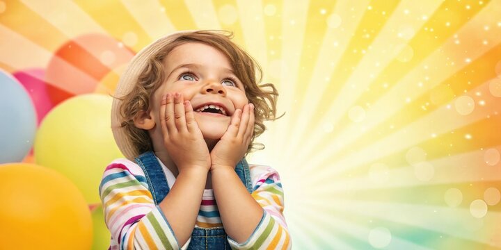 a young girl with a bright and happy expression, looking up in amazement. She is surrounded by colorful balloons and a radiant, cheerful background