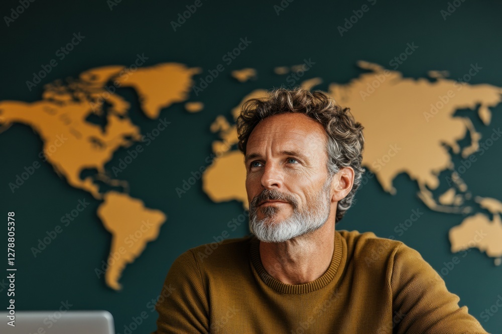 Aufkleber modern digital exploration mature man engaged in virtual trip planning at desk with global map - inn