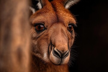 Intimate close-up of soft-furred animal peering from behind tree