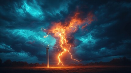 Fototapeta premium Gigantic wind turbine under stormy sky, dramatic lightning strike near rotor