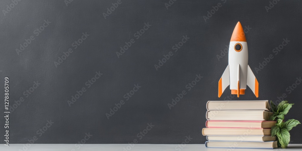 Poster retro academic display chalkboard with rocket and textbooks - inspiring educational content and clas