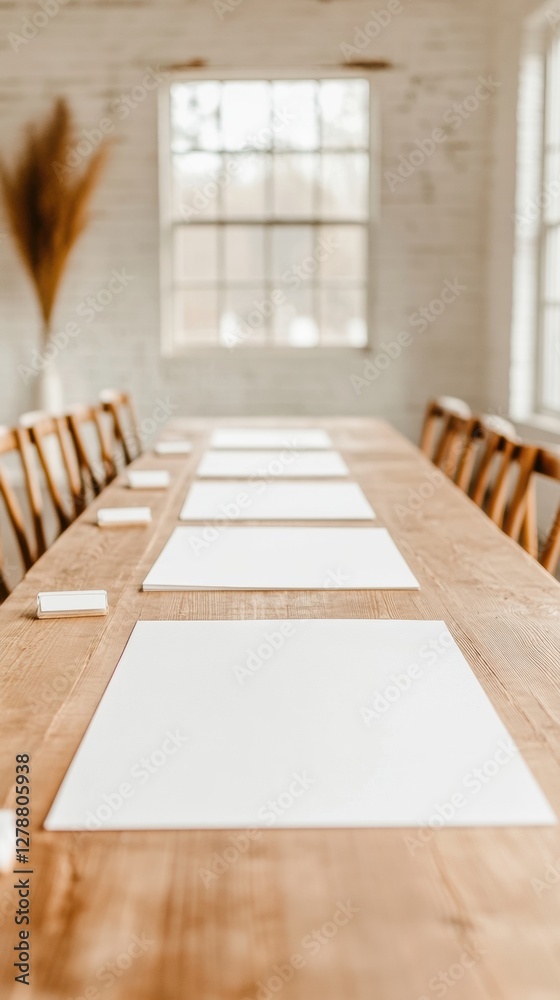 Poster rustic minimalist workspace natural wooden table with notebooks for creative collaboration - enhanci